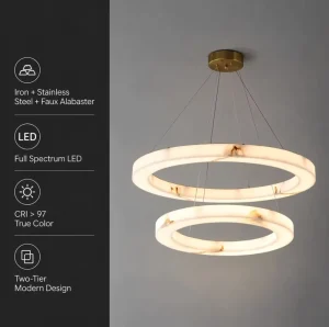 Modern Full Spectrum LED Chandelier CRI 97 Two Tier Ring Pendant Light Faux Alabaster Ceiling Luminaire for Living Room Hotel