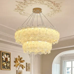 Modern Glass Chandelier Luxury Gold Round Raindrop Three Color Temperatures Hanging Pendant Ceiling Flush Mount Light Fixture
