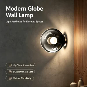 Modern Globe Wall Sconce Smoked Black Glass Dimmable LED 3 Color for Bedroom Living Room Hotel Corridor Decorative Wall Lamp