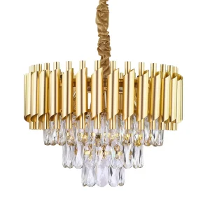 Modern Gold Tiered Crystal Chandelier Teardrop Drum Pendant Light Luxury Hotel Villa Living Room Art Deco Metal Crystal Light