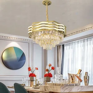 Modern Gold Translucent Crystal Chandelier Hanging LED Pendant Light Dimmer for Bedroom Living Room Villas