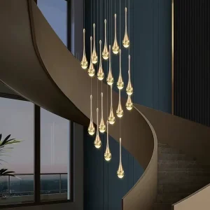 Modern Gold Water Drop Pendant Chandelier Rotating Feature Warm White LED Light Crystal Material Hanging Installation Villa