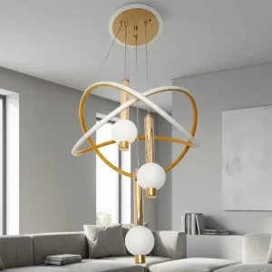 Modern Gold White Pendant Light Adjustable Height LED Chandelier Ring Sphere Hanging Lamp for Dining Room Restaurant