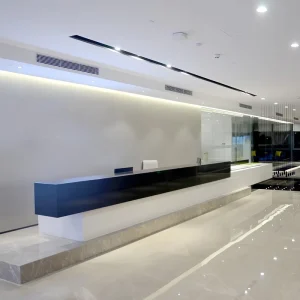 Modern Green Laminate MDF Eco-Friendly Reception Desk LED Light for Hotel Office Salon Use Customized Humanized Design Direct