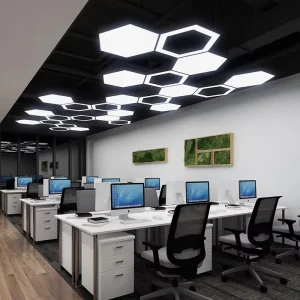 Modern Hexagonal Aluminum LED Ceiling Panel Light Custom UV Printed Stretch Fabric Backlit Suspended Grid Energy-Saving Office