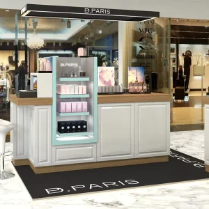 Modern High Gloss Mall Kiosk with Wood Countertop Illuminated Shelf Display Counter for Perfume Cosmetic Beauty Retail Shop