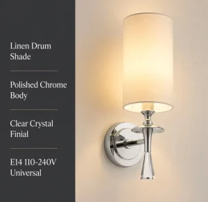 Modern Hotel Wall Sconce with Fabric Shade and Crystal Decor Polished Chrome Wall Lamp for Bedroom Bedside Hallway