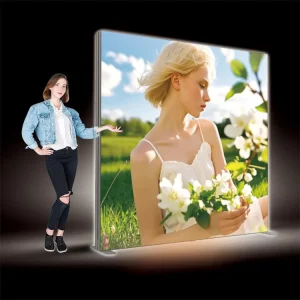 Modern Indoor LED Backlit Free Standing White PVC Frame Textile Fabric Light Box Rectangle 120mm Thick Eco Friendly