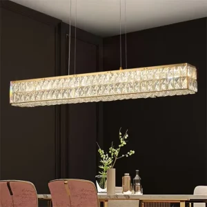 Modern K9 Crystal Gold Rectangular Pendant Light Chandelier for Living Room Restaurant