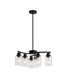Modern Kitchen Island 6 Lights Matte Black Chandelier Nordic Simple Clear Glass Steel Pendant Light for Over Table