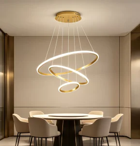 Modern LED 3 Ring Circle Chandelier Acrylic Hanging Pendant Light Adjustable Height Dimmable Black Gold for Living Room Dining