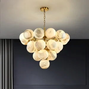 Modern LED Alabaster Chandelier Natural Ball Pendant Remote Adjustable Height Minimalist Oval Shape for Living Dining