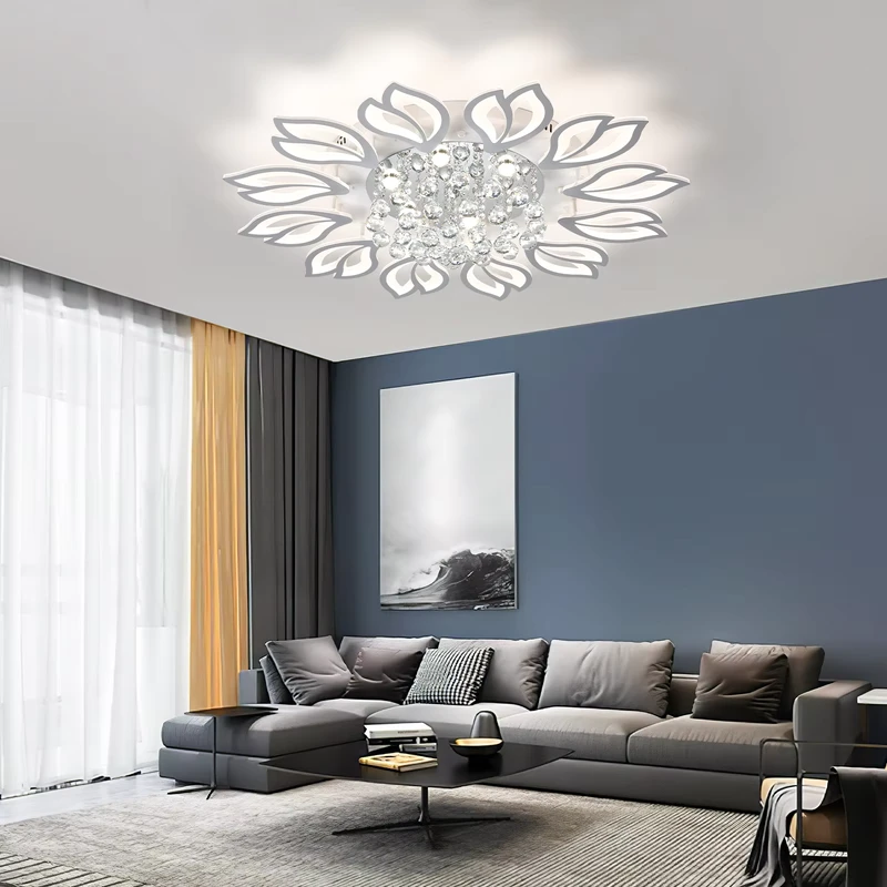 Modern LED Ceiling Light Dimmable 12 Light Flush Mount Flower Chandelier with Remote 55W White Acrylic