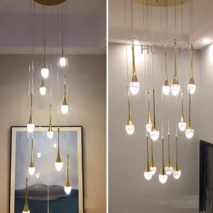 Modern LED Crystal Chandelier 14 Heads Pendant Light Gold Body Adjustable Height Eye Caring Middle 3000K Home Office Use