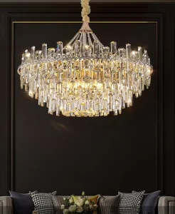 Modern LED Crystal Chandelier Adjustable Height Vintage Indoor Living Room Luxury Pendant Light Fixture Home Hanging