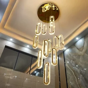 Modern LED Linear Adjustable Height Staircase Chandelier Gold Oval Crystal Pendant Light for Villa High Ceiling