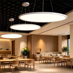 Modern LED Linear Hanging Chandelier Pendant Light Remote Control Black Circle Design White Metal Shade Durable Ceiling Mount