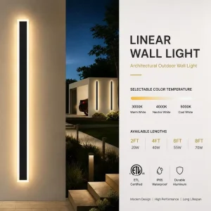 Modern LED Linear Wall Sconce 3CCT Tunable 20W 70W IP65 Waterproof ETL Listed for Outdoor Exterior & Residential Use