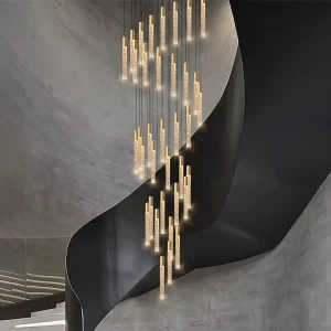 Modern LED Long Staircase Cylindrical Hanging Remote Control Gold Crystal Chandelier Pendant Light for High Ceiling Hotel Home