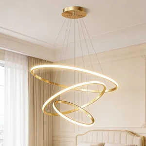 Modern Led Pendant Light Gold Three Ring Round Chandelier Living Room Dining Bedroom Kitchen Island Hotel Villa Ceiling Fixture