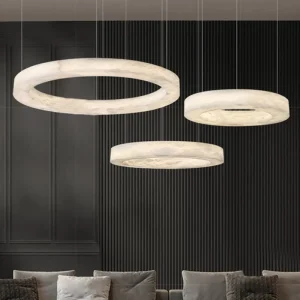 Modern Light Luxury Brass Alabaster Round LED Chandelier Nordic Style Adjustable Height Brightness Living Room Pendant Lights