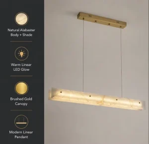 Modern Linear Alabaster Pendant Light Luxury Brushed Gold LED Chandelier Horizontal Stone Island Luminaire for Dining Room