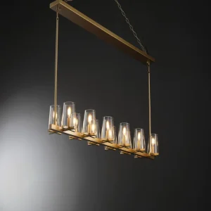 Modern Linear Brass Pendant Light Crystal Shades Energy Saving 2700K Soft Warm White Industrial Kitchen Island Chandelier