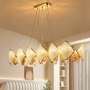 Modern Linear Crystal Chandelier Gold Finish Pendant Light for Living Room Dining Room and Hotel