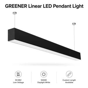 Modern Linear LED Pendant Light DC36V Low Voltage 5000K Daylight Black Iron Suspended Office Lighting CRI80 IP20