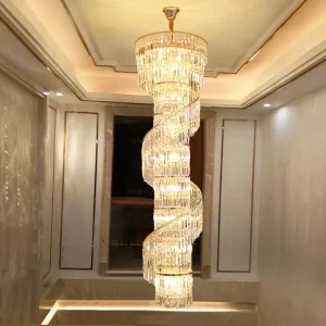 Modern Long Decor Crystal Villa Hall Chandelier Staircase Gold Luxury Spiral Hanging High Ceiling for Hotel Pendant Light