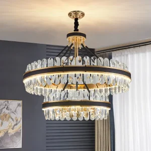 Modern Luxury 2-Tier Iron Crystal Chandelier Black Gold Round Pendant Lamp Living Room Dining Room Home Office Decoration