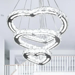 Modern Luxury Acrylic 3 Hearts Rings K9 Crystal LED Chandelier Cool White Pendant Light for Bedroom