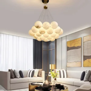 Modern Luxury Alabaster Ball Chandelier Handcrafted Copper Sphere Pendant Light with Remote Control LED Living Room
