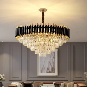 Modern Luxury Black Gold Crystal Chandelier Multi Layer LED Pendant Light for Living Room Hotel Lobby