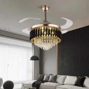 Modern Luxury Crystal Ceiling Fan Light Remote Control DC Motor 4 Blades LED Source ABS Plastic Body 6 Speed Low Noise Dimmable