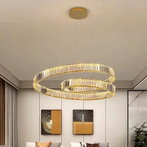 Modern Luxury Crystal Chandelier Dimmable Hanging Light Fixture Adjustable Height for Dining Room Golden LED Pendant Light