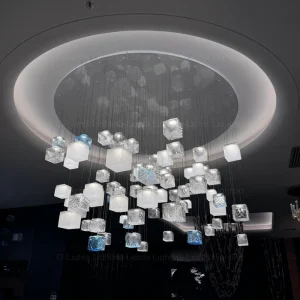 Modern Luxury Crystal Cube Chandelier LED Glass Pendant Light Fixture for Hotel Villa Lobby
