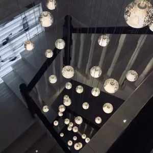 Modern Luxury Crystal Linear Pendant Light for High Ceilings Hotel Villa Chandelier Remote Adjustable Height for Staircase