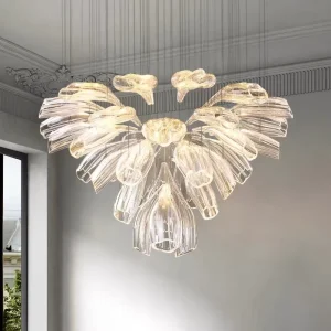 Modern Luxury Fluted Glass Petal Chandelier Hand Curved Crystal Sculptural Pendant Light for Hotel Project Villa Lobby