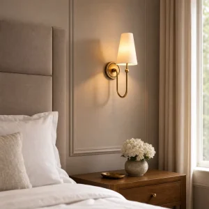 Modern Luxury Gold LED Wall Lamp Nordic U Shaped Curved Arm Sconce Light Fabric Shade for Bedroom Bedside Hotel Guestroom Villa