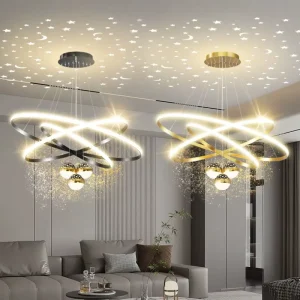Modern Luxury Iron 85 265V Chandeliers Light 3 Rings 20 40 60cm+3 Bulbs with Moon and Stars Effect Dining Pendant Light for Home