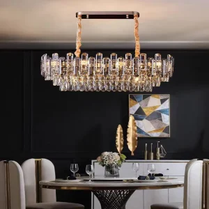 Modern Luxury Iron Crystal Chandelier Middle Long Pendant Light Adjustable Height Minimalist LED Indoor Lighting