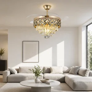 Modern Luxury Iron LED Gold Crystal Ceiling Fan with Light Invisible Retractable Blades Remote Control Living Room