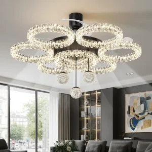 Modern Luxury LED AC Motor Ceiling Fan Light Chandelier with Remote Control 6-Speed Dimmable for Living Room Hotel Hall Decor