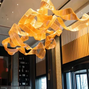 Modern Luxury Large Hotel Lobby Chandelier Custom Orange Ribbon LED Pendant Light for Shopping Mall Banquet Hall Villa