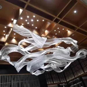 Modern Luxury Large Hotel Lobby LED Chandelier Custom White Wave Ribbon Pendant Light for Shopping Mall Banquet Hall Villa