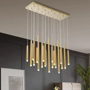 Modern Luxury Long Linear Cylinder Tube Chandelier Gold LED Middle Adjustable Height Pendant Light for Dining Room Kitchen