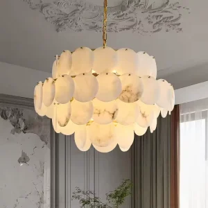Modern Luxury Natural Alabaster Chandelier French Round Marble Disc Pendant Light Tiered Hanging Lamp for Villa Living Room