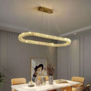 Modern Luxury Oval Crystal Chandelier Nordic Gold Linear LED Pendant Light for Dining Room Kitchen Island Villa Hanging Lamp