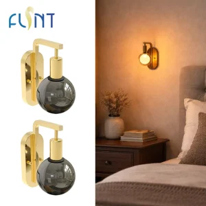 Modern Luxury Smoky Finished Glass Matte Gold Iron Wall Lamps E26 1800K LED for Living Room Bedroom